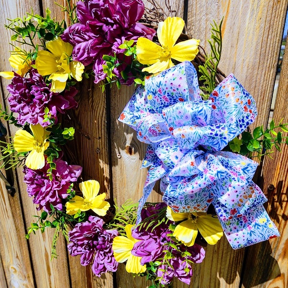 HAND CRAFTED SPRING FLORAL GRAPEVINE WREATH 20" FRONT DOOR DECOR SILK RIBBON 20" - Picture 4 of 12